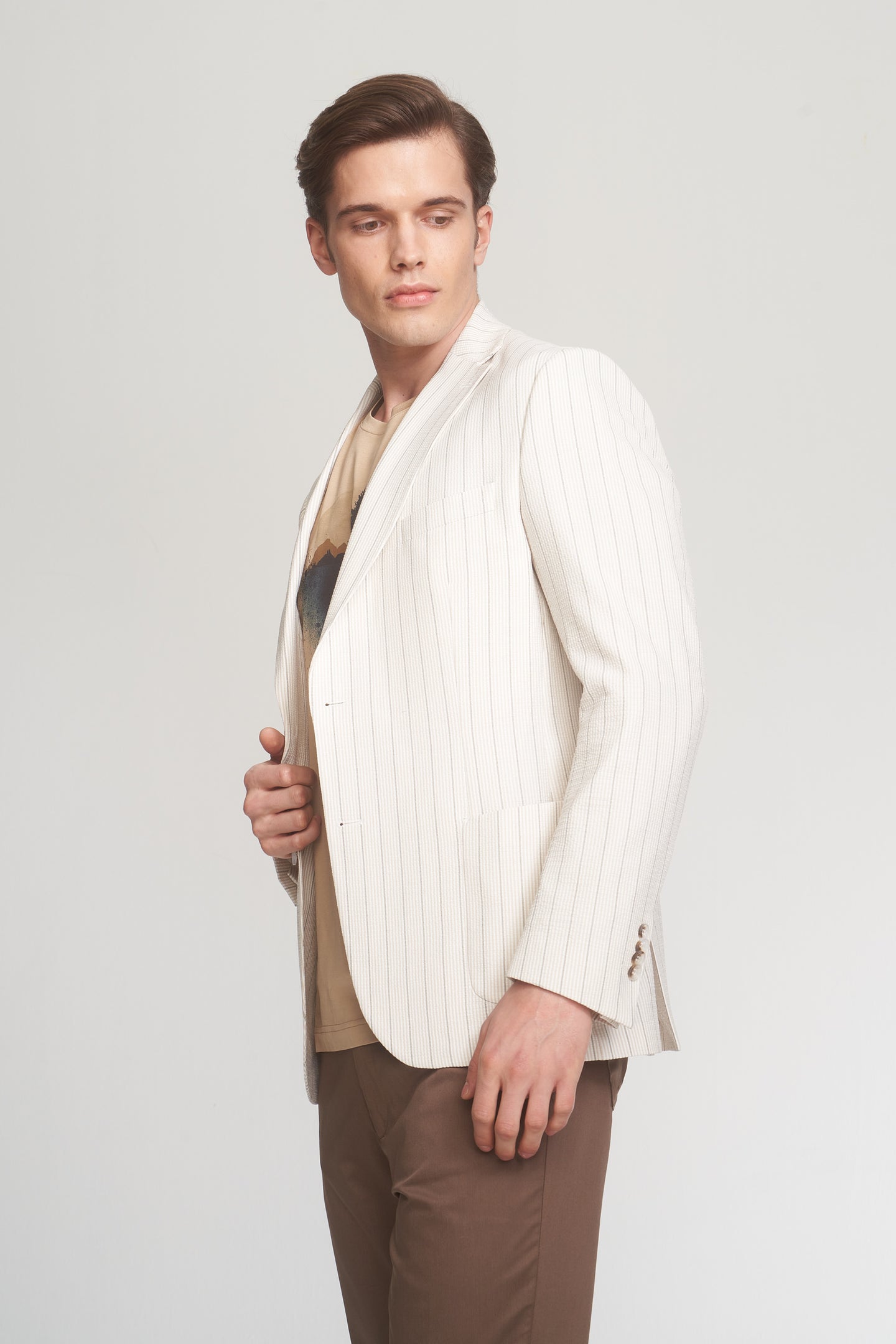 Beige Grey Stripped Sport Jacket